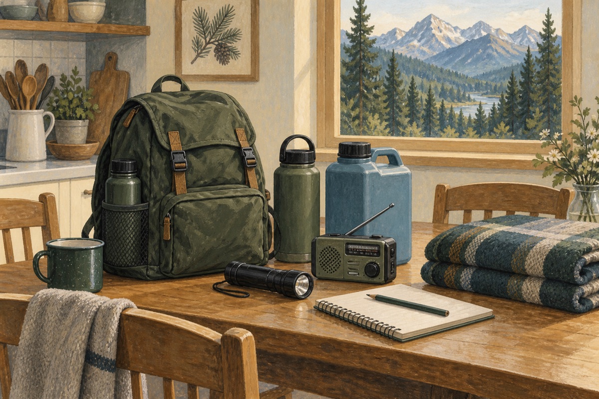 Illustration of an emergency backpack, water containers, radio, and blanket on a kitchen table.