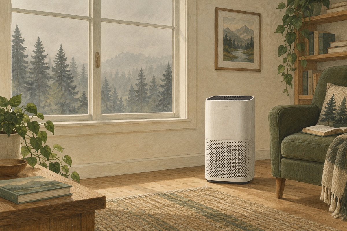Illustration of an air purifier in a room with a closed window and hazy trees outside.
