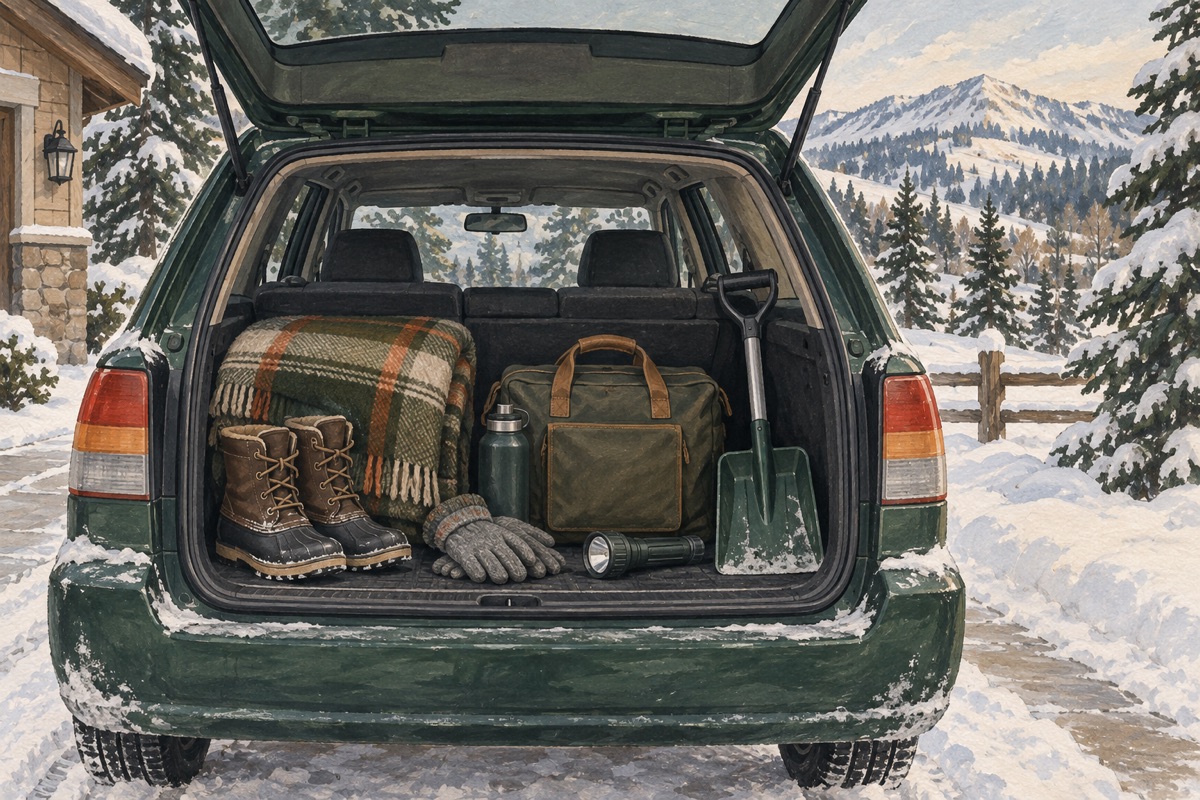 Illustration of winter boots, a blanket, shovel, and emergency bag in a parked car’s open trunk.